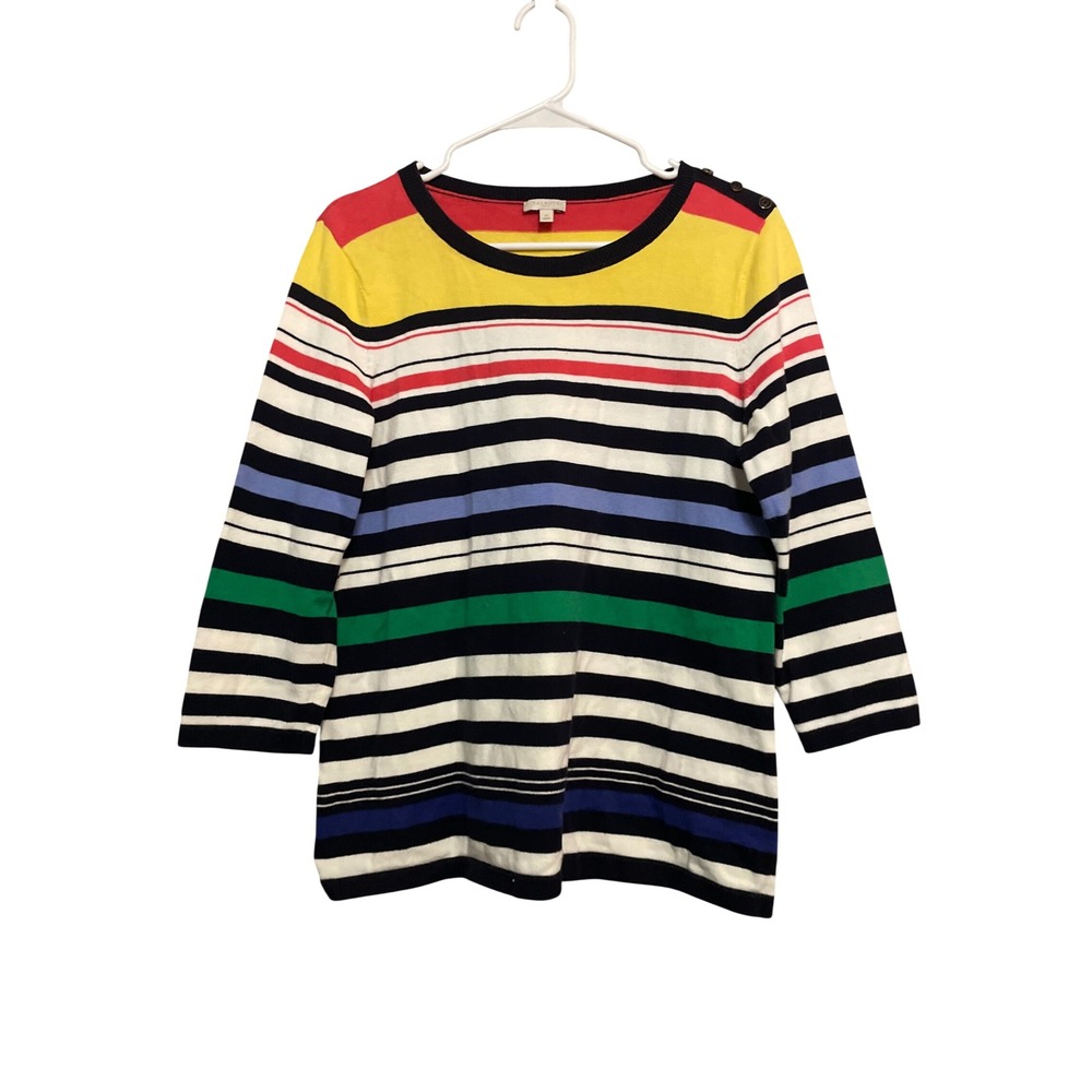 Talbots Womens Medium Striped Sweater Colorful Button Shoulder 3/4 Sleeve Knit